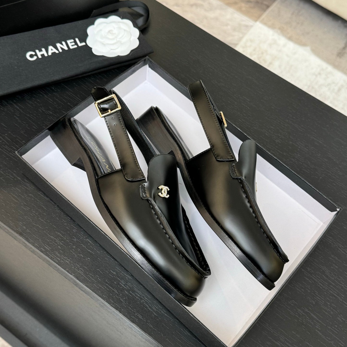 CHANEL 25C Slingback Loafer Black Patent Leather