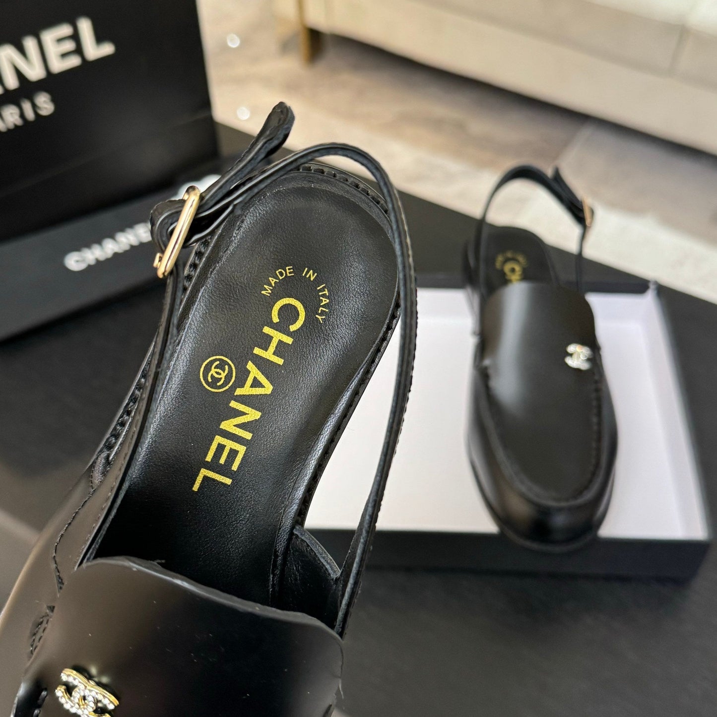 CHANEL 25C Slingback Loafer Black Patent Leather