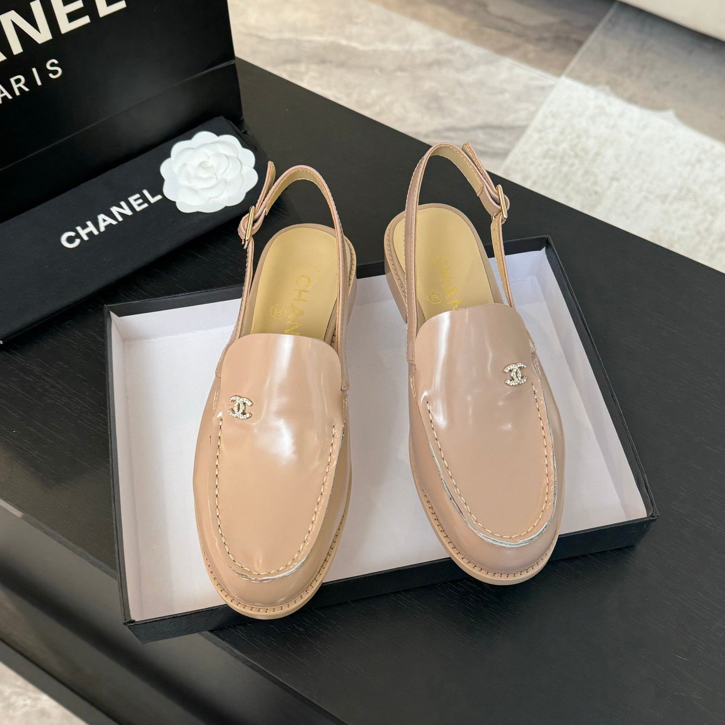 CHANEL 25C Slingback Loafer Beige Patent Leather