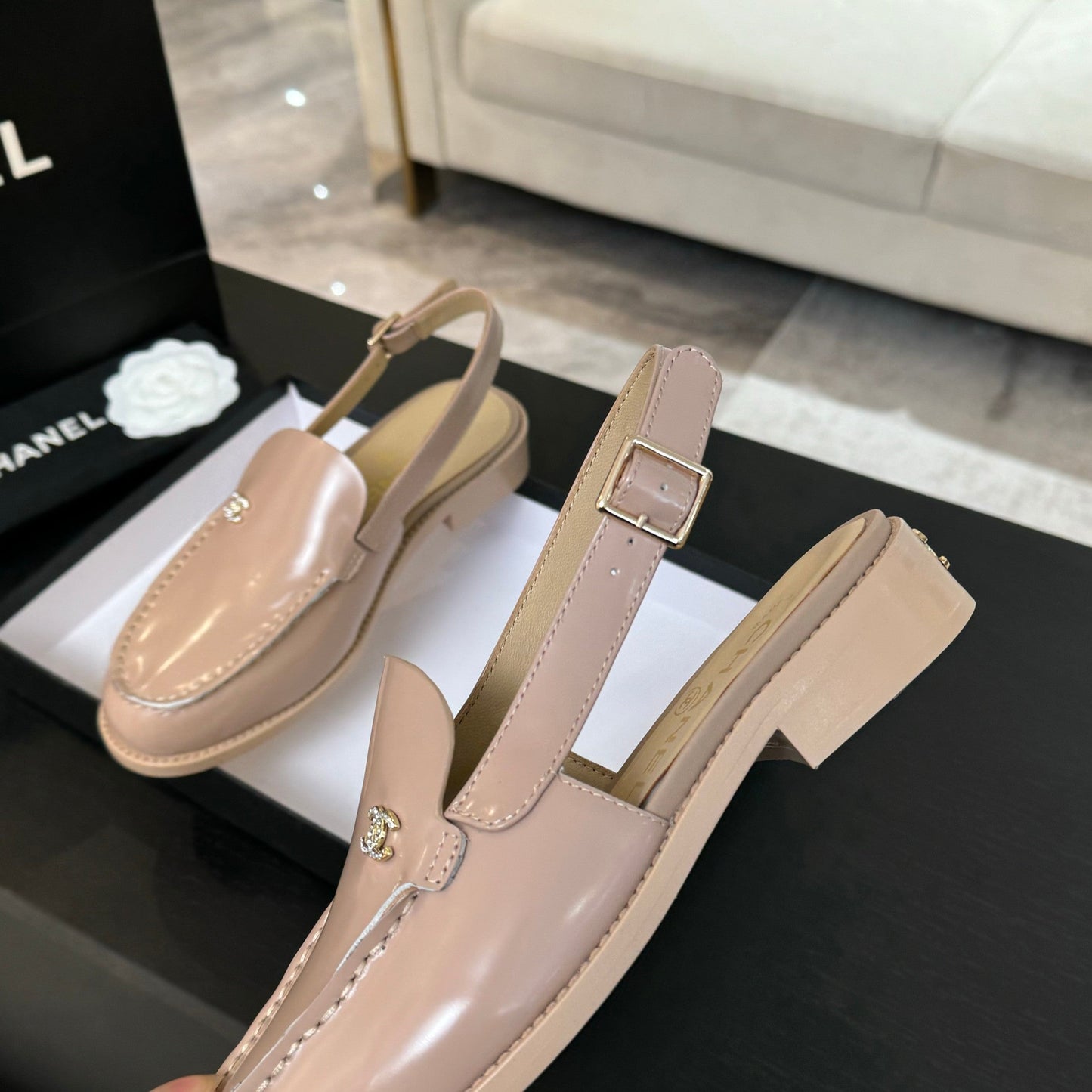 CHANEL 25C Slingback Loafer Beige Patent Leather
