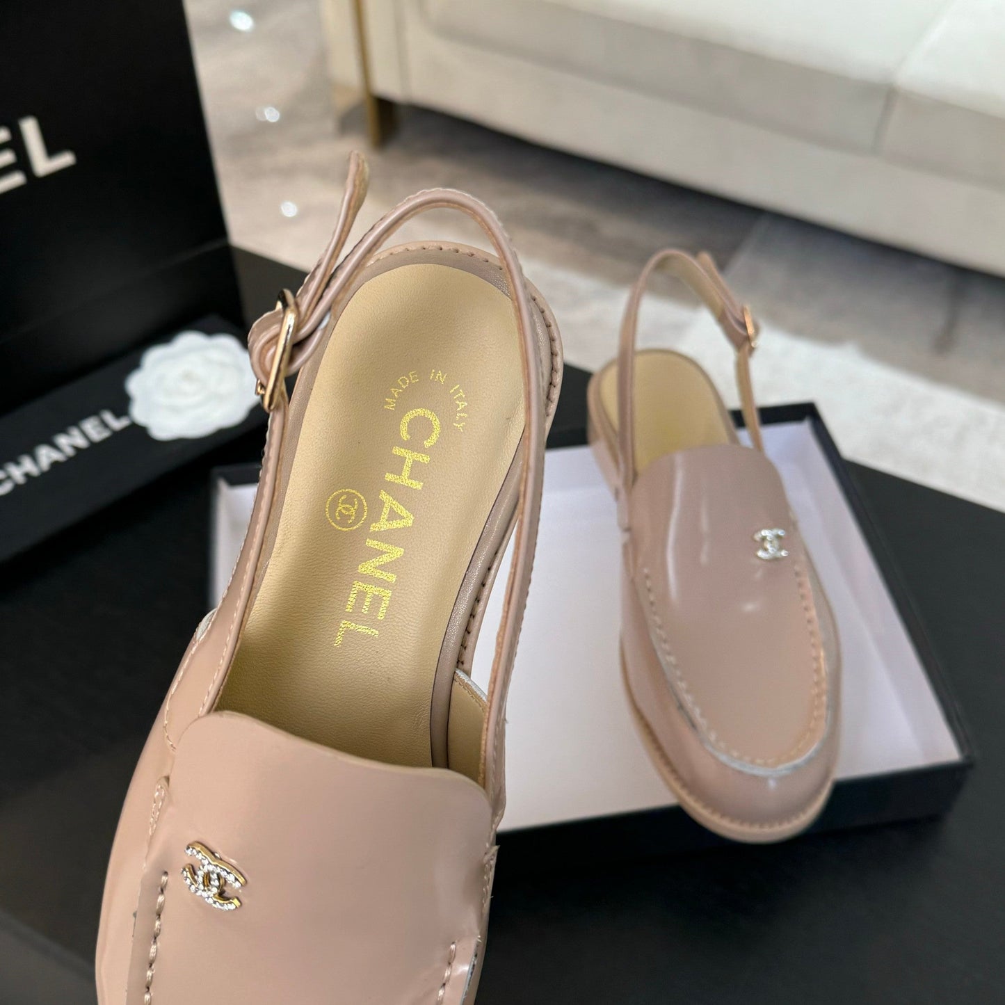 CHANEL 25C Slingback Loafer Beige Patent Leather