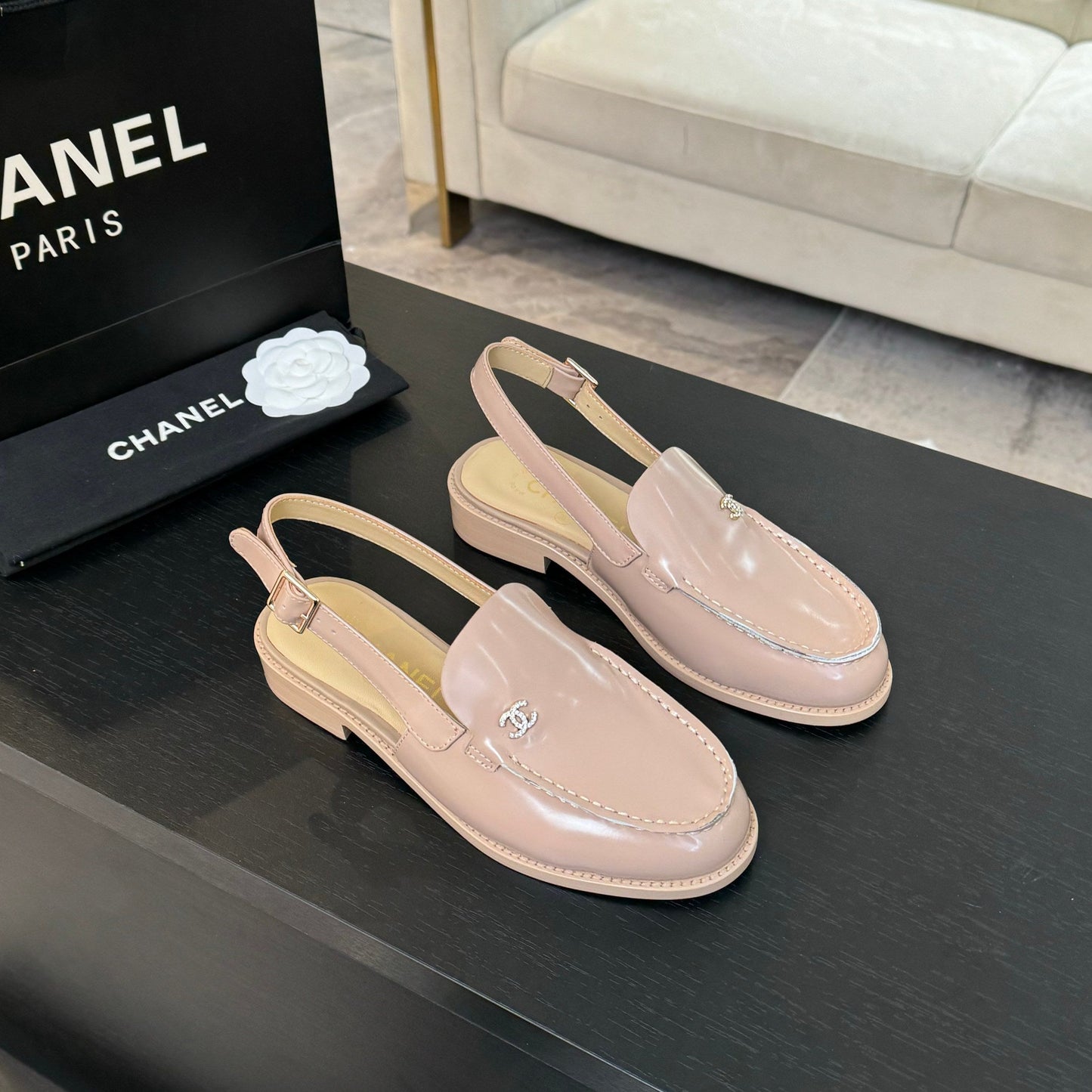 CHANEL 25C Slingback Loafer Beige Patent Leather