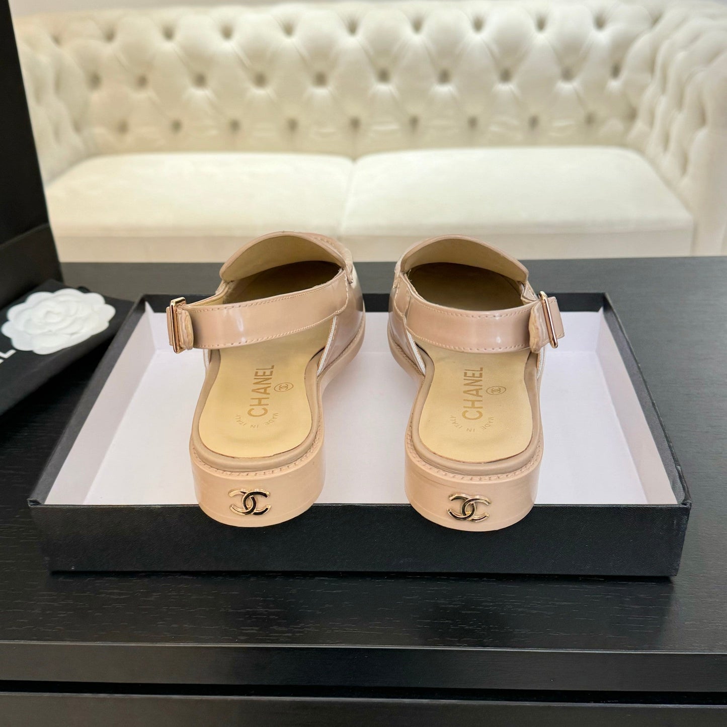 CHANEL 25C Slingback Loafer Beige Patent Leather