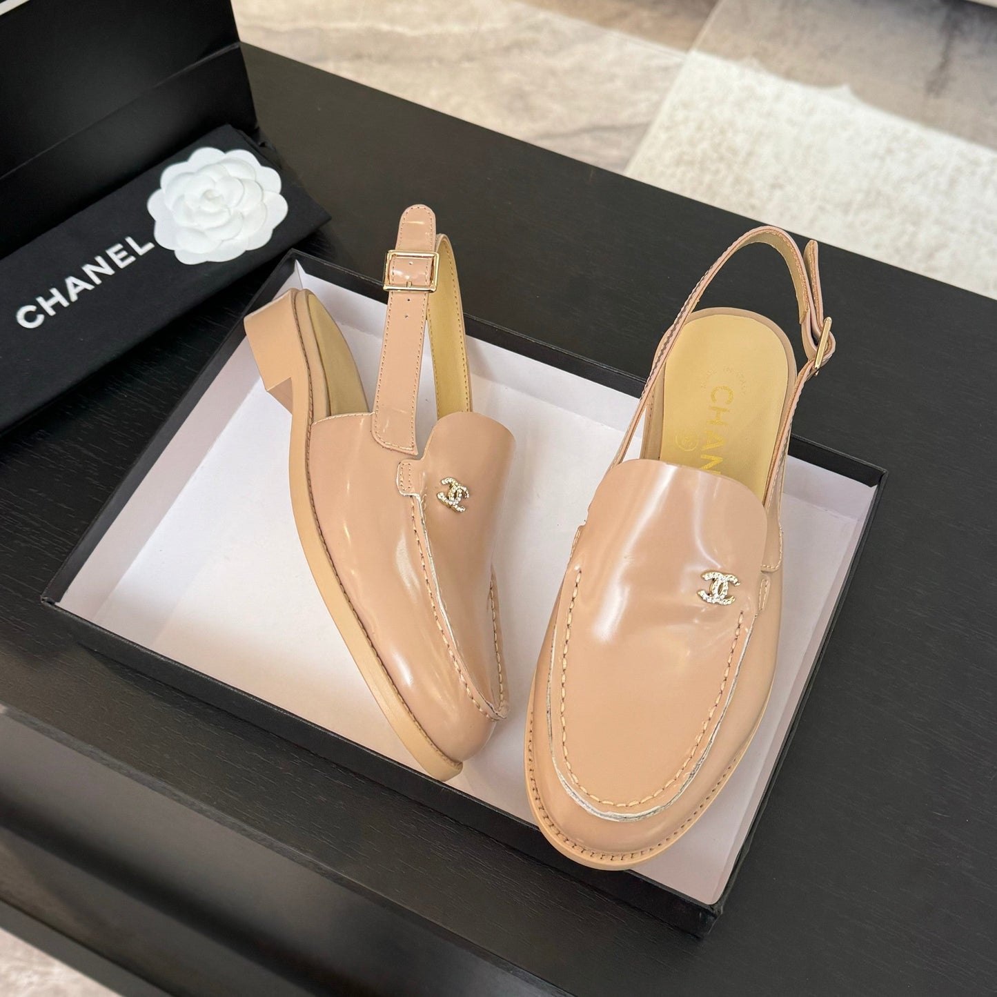 CHANEL 25C Slingback Loafer Beige Patent Leather