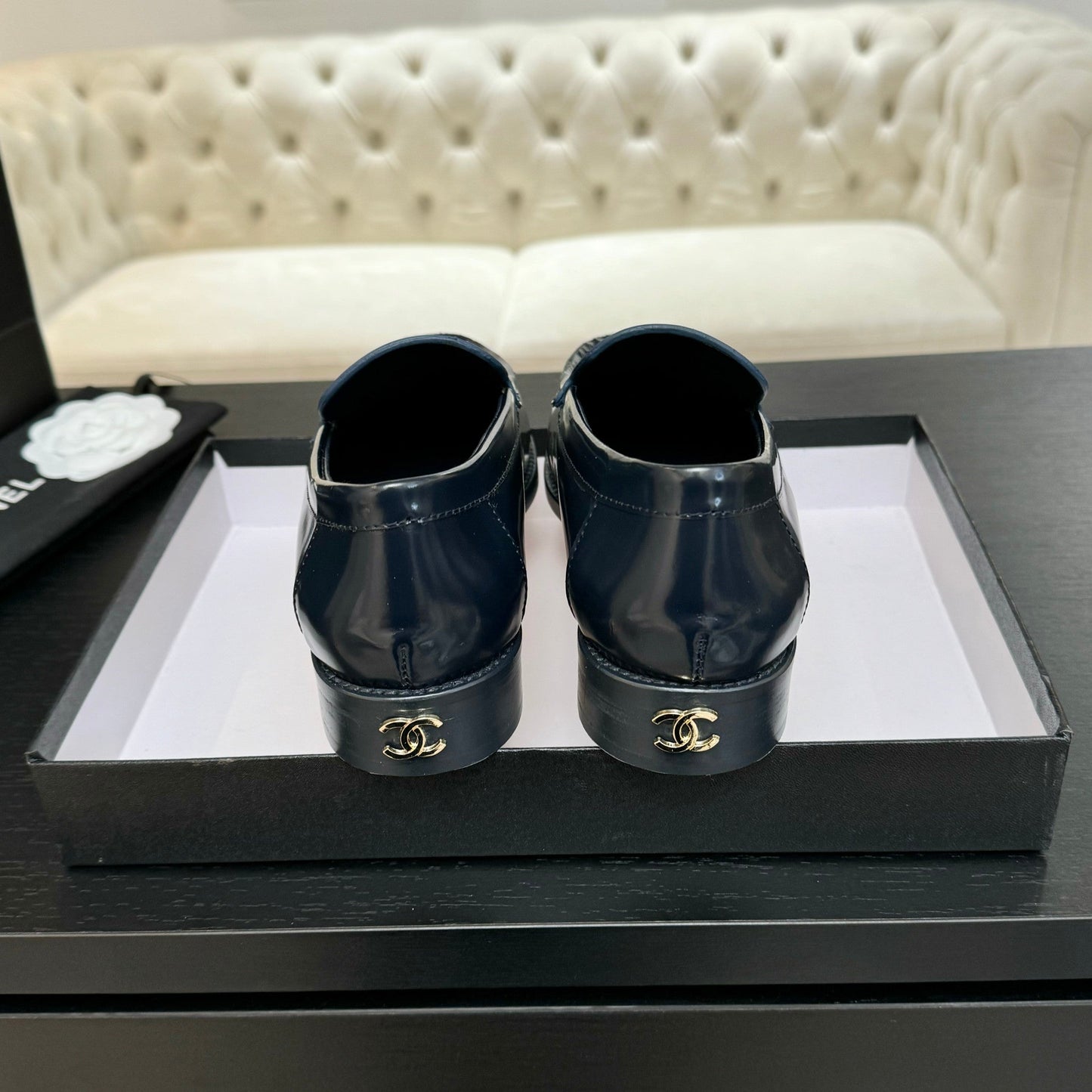 CHANEL 25C Moccasins Dark Blue Patent Leather