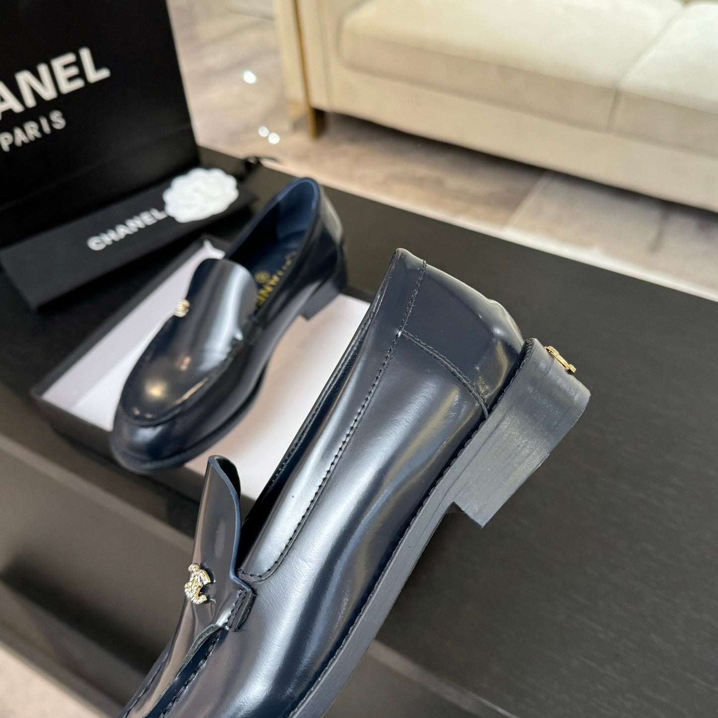 CHANEL 25C Moccasins Dark Blue Patent Leather