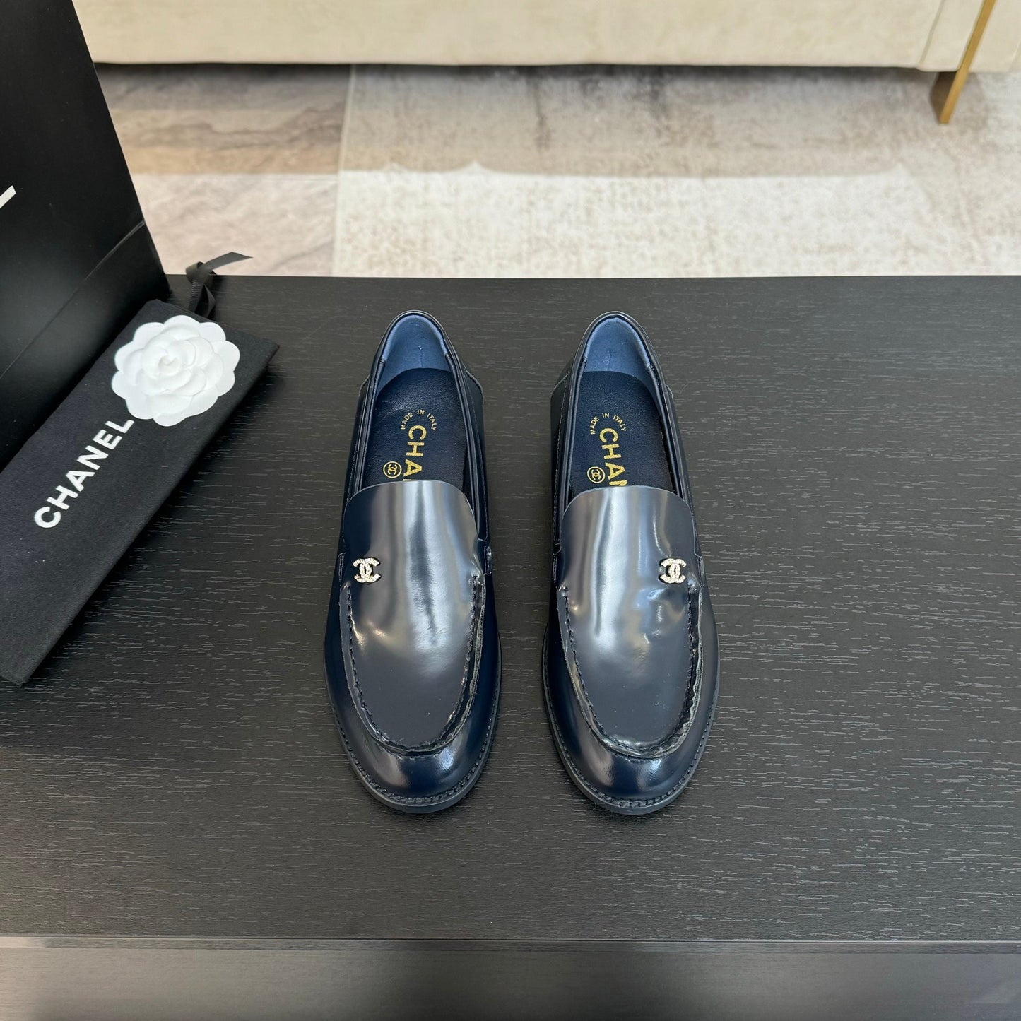 CHANEL 25C Moccasins Dark Blue Patent Leather