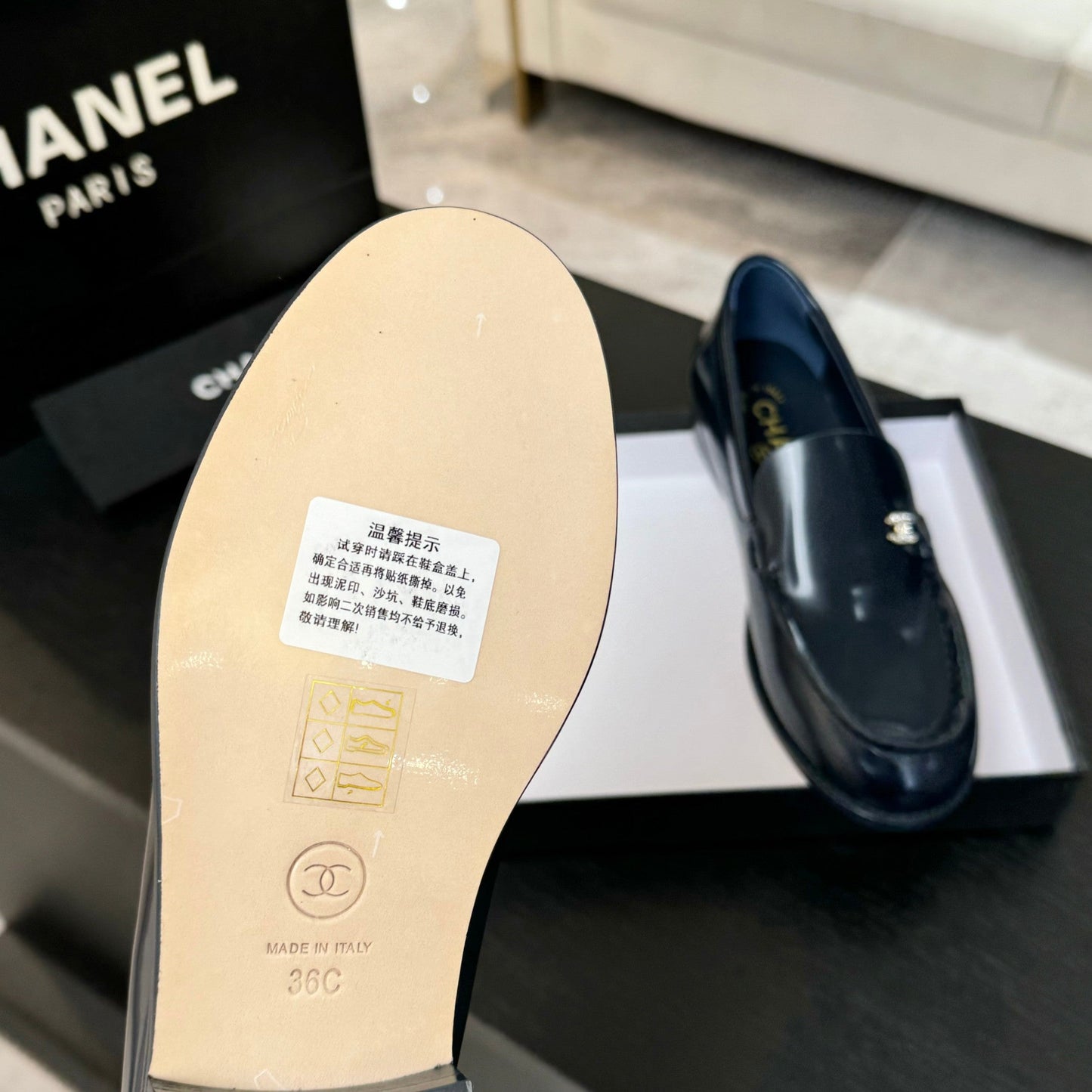 CHANEL 25C Moccasins Dark Blue Patent Leather