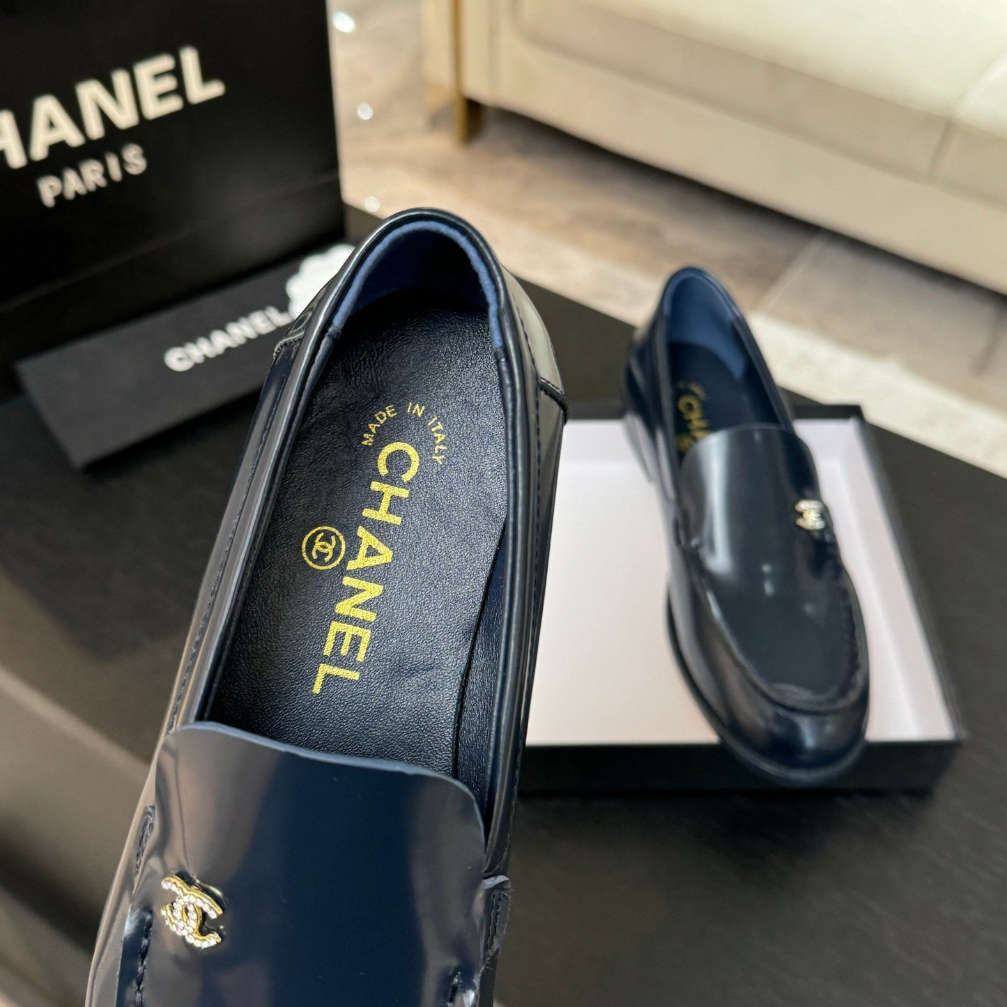 CHANEL 25C Moccasins Dark Blue Patent Leather