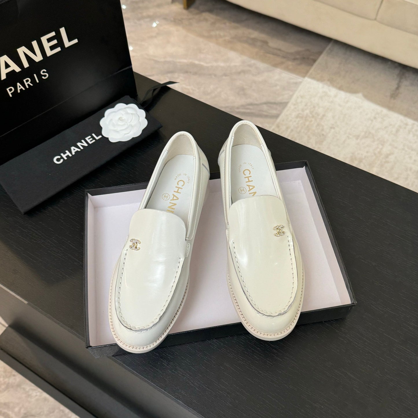 CHANEL 25C Moccasins Black Patent Leather