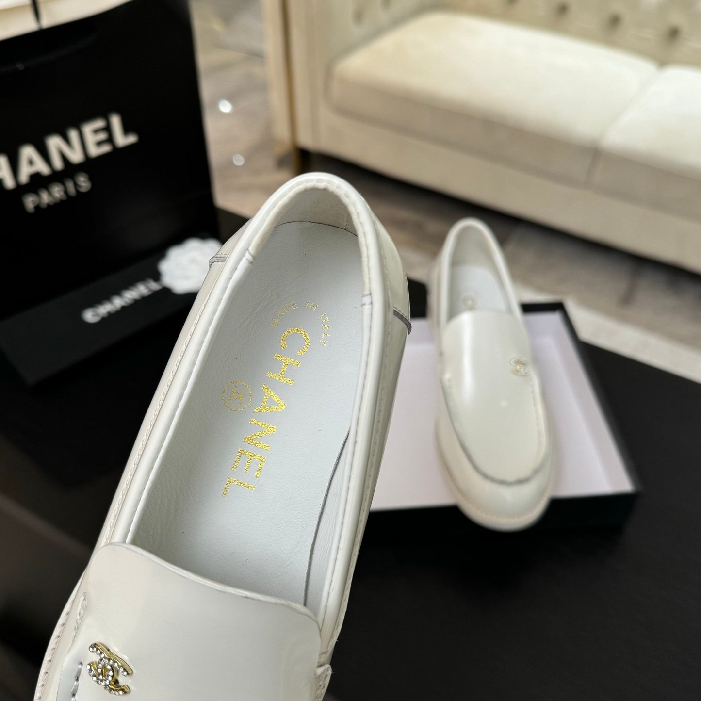 CHANEL 25C Moccasins Black Patent Leather