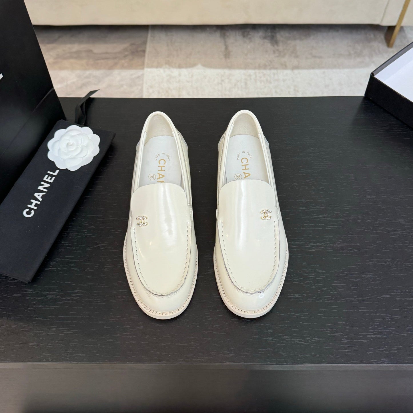 CHANEL 25C Moccasins Black Patent Leather