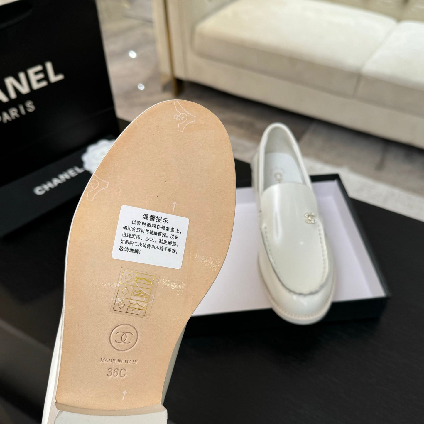CHANEL 25C Moccasins Black Patent Leather