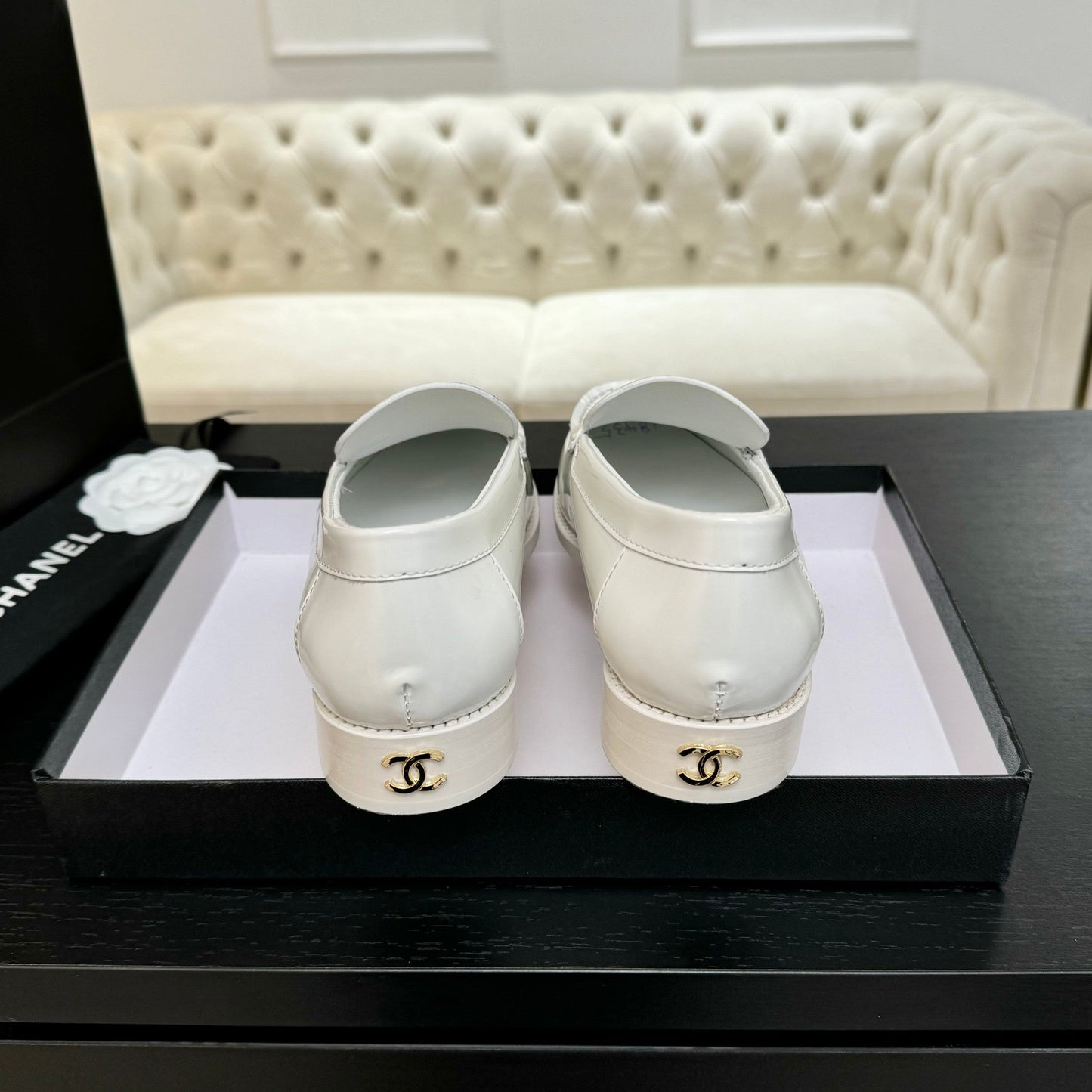 CHANEL 25C Moccasins Black Patent Leather