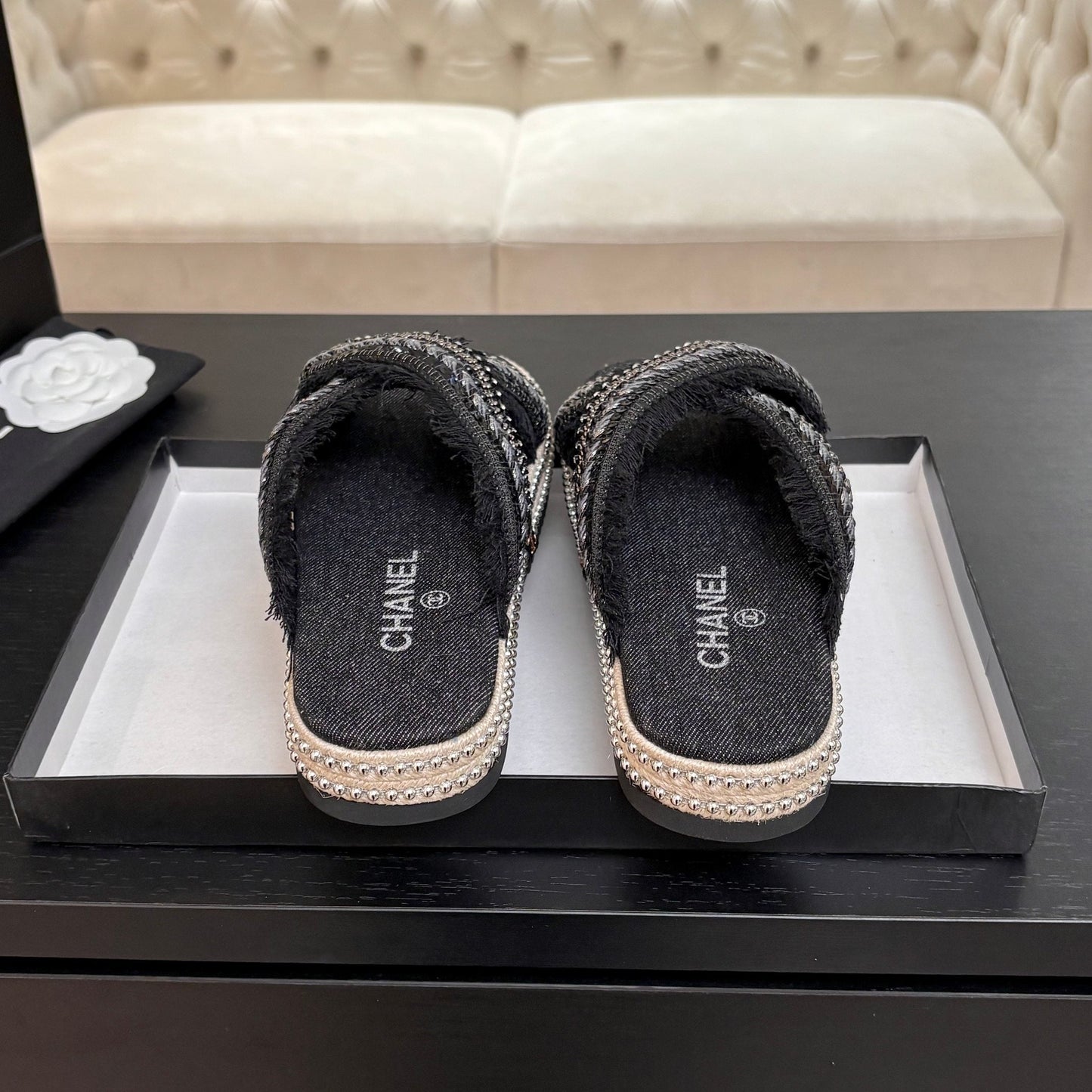 CHANEL 25C Thick-Soled Slipper In Black Denim Space blue Fabric 213231