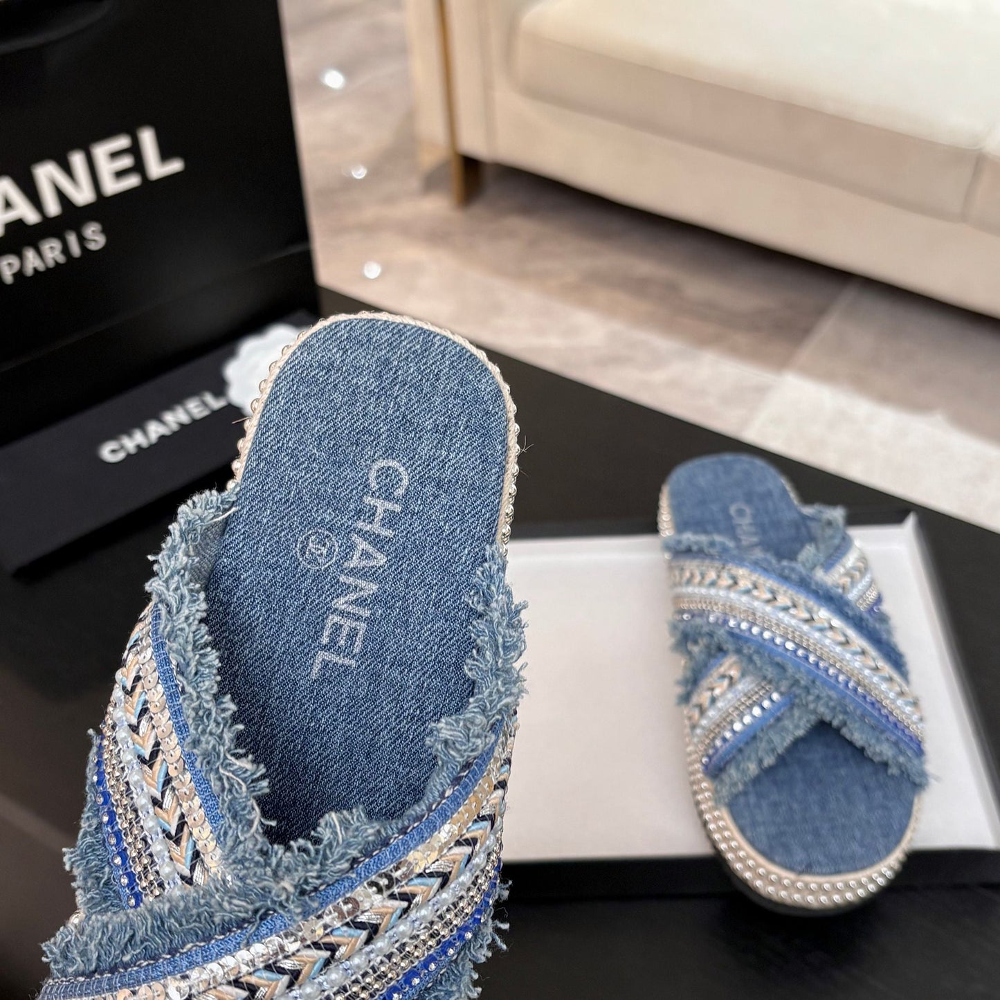 CHANEL 25C Thick-Soled Slipper In Black Denim Steel Blue Fabric 213232