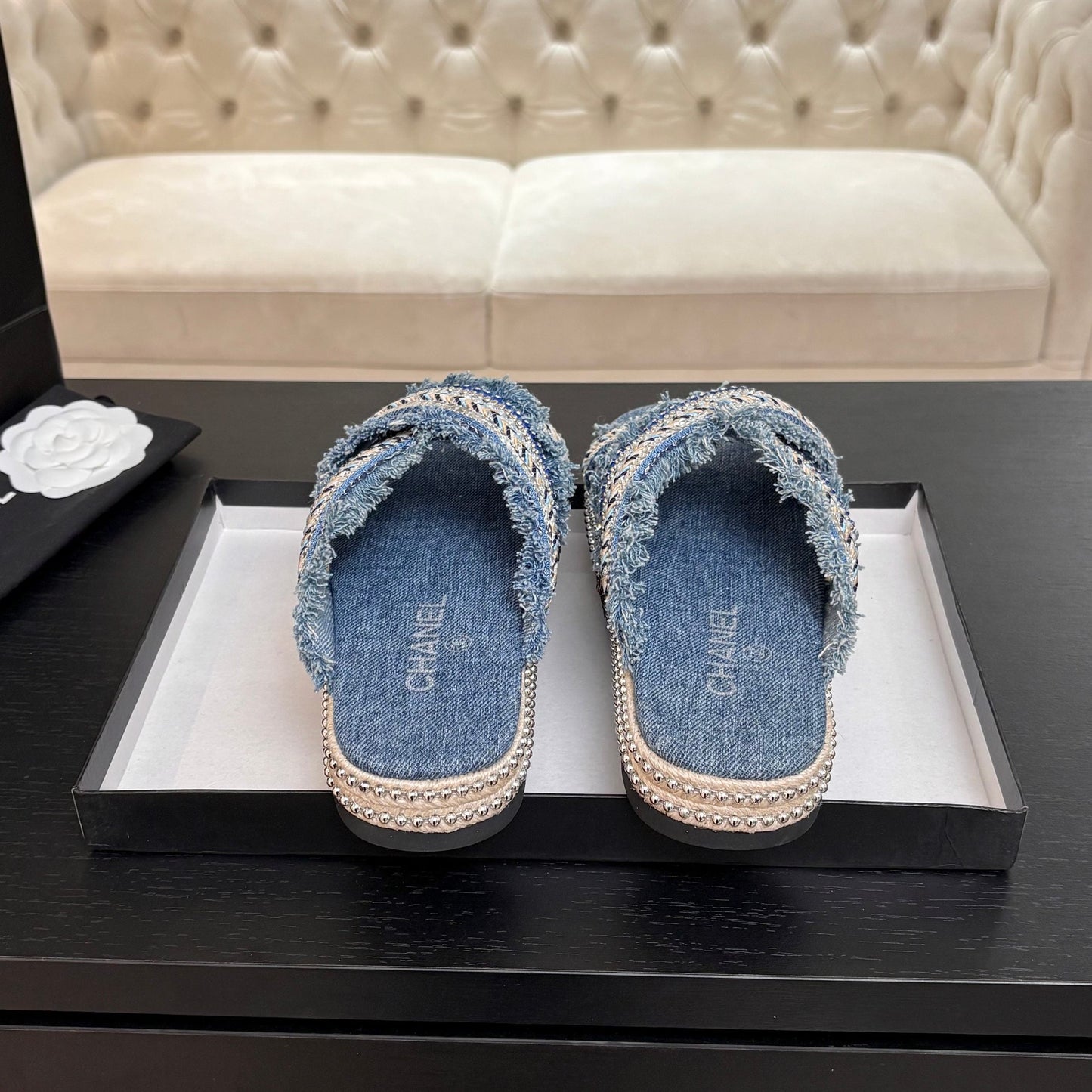 CHANEL 25C Thick-Soled Slipper In Black Denim Steel Blue Fabric 213232
