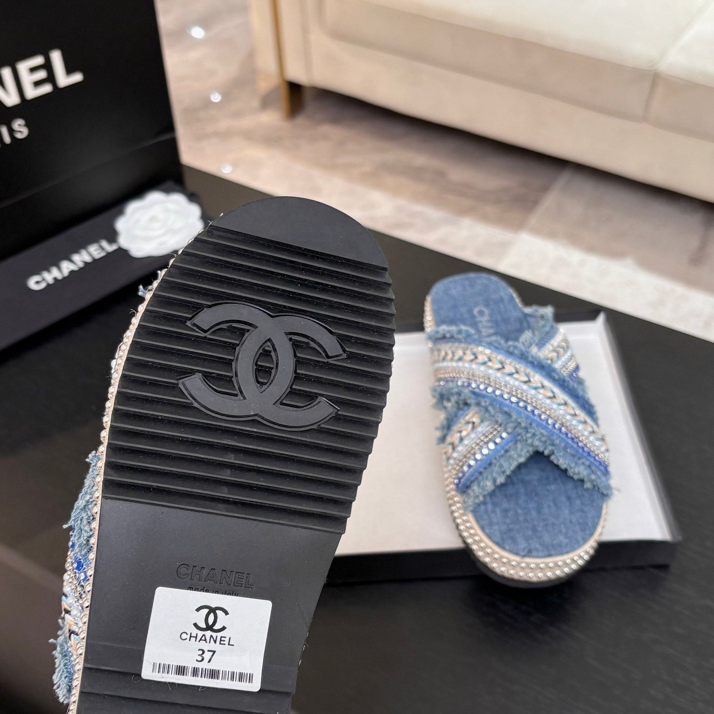 CHANEL 25C Thick-Soled Slipper In Black Denim Steel Blue Fabric 213232