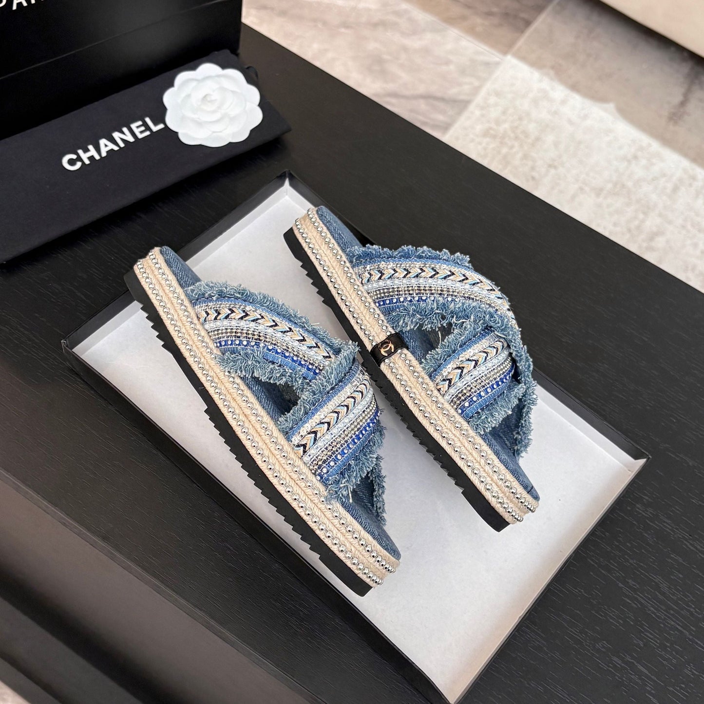CHANEL 25C Thick-Soled Slipper In Black Denim Steel Blue Fabric 213232
