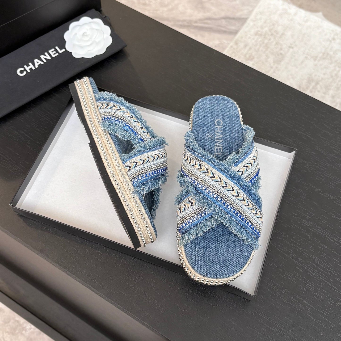 CHANEL 25C Thick-Soled Slipper In Black Denim Steel Blue Fabric 213232