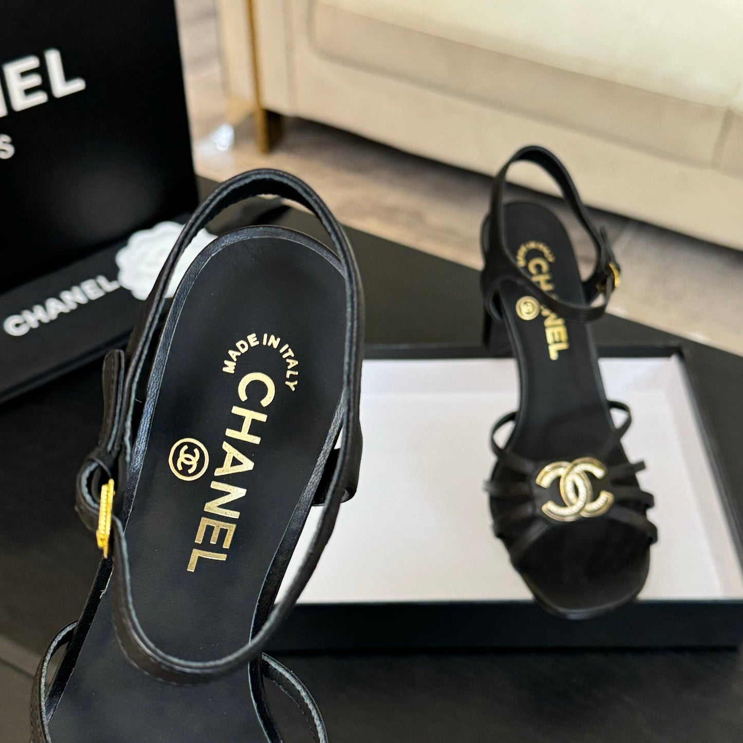 CHANEL 85mm Sandal Black Sheepskin 212929