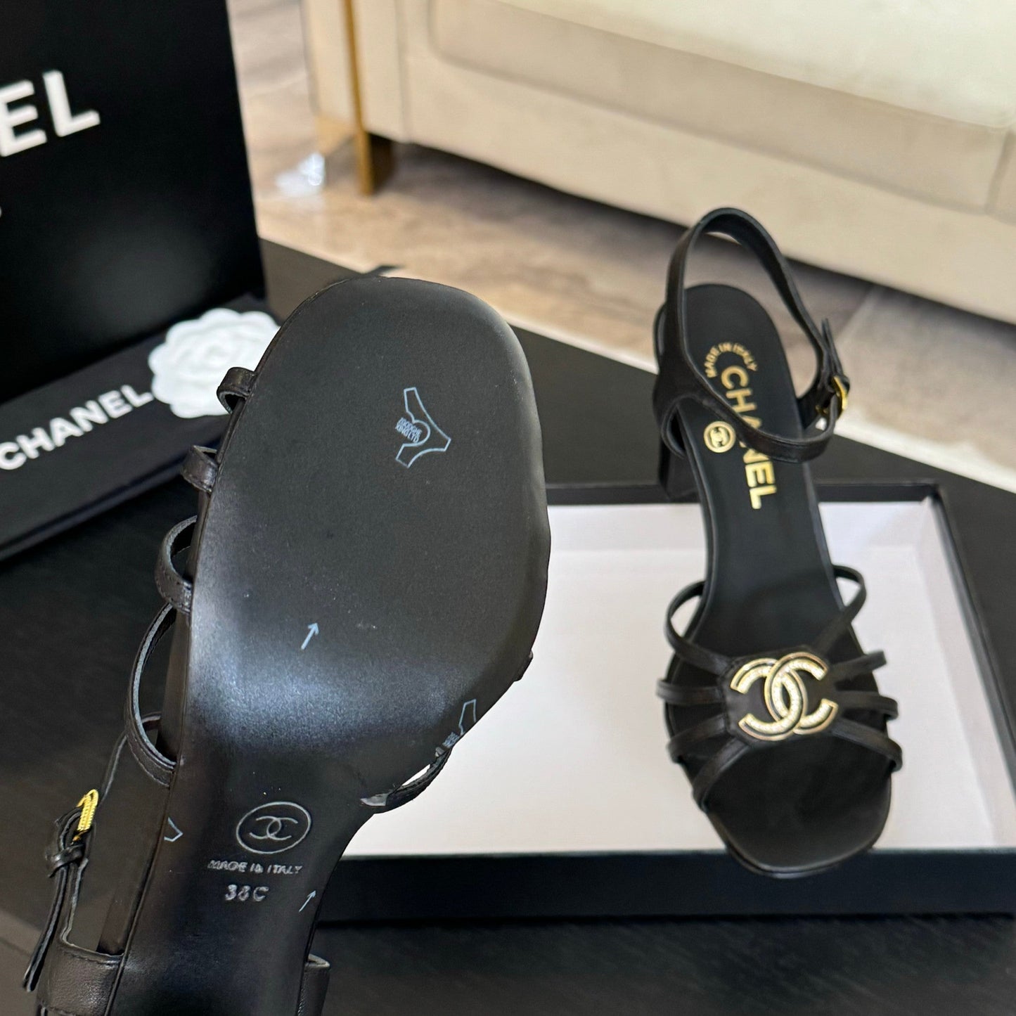 CHANEL 85mm Sandal Black Sheepskin 212929