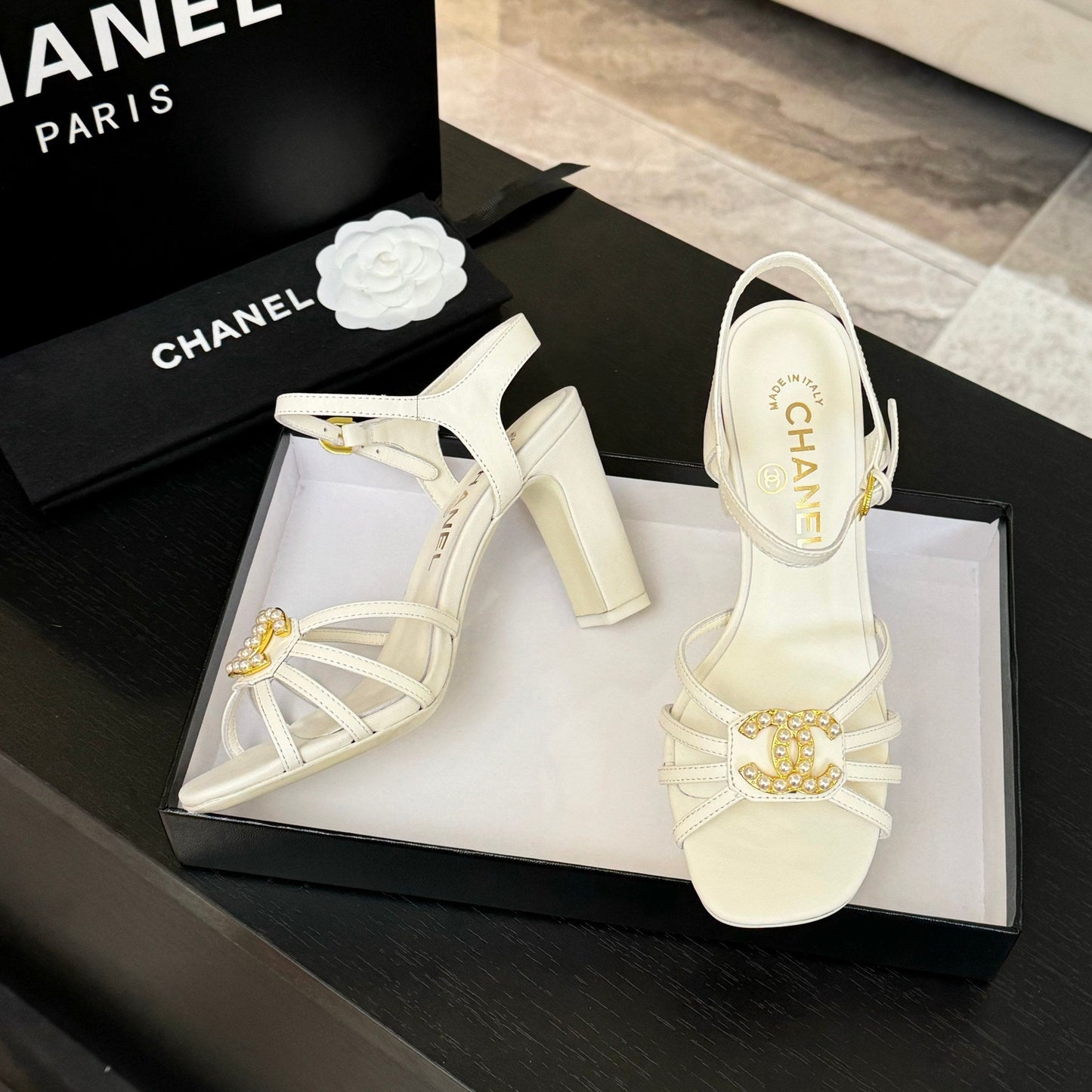 CHANEL 85mm Sandal White Sheepskin 212930