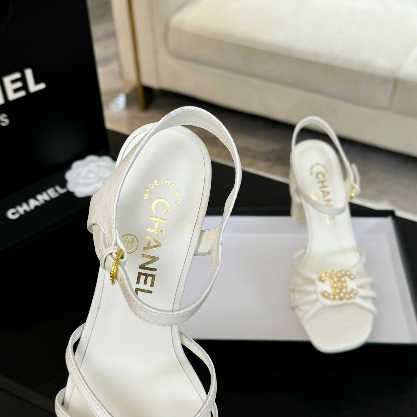 CHANEL 85mm Sandal White Sheepskin 212930