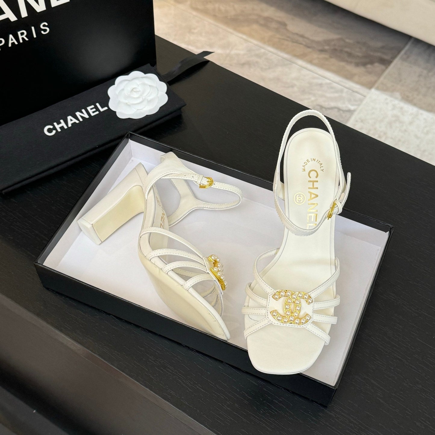 CHANEL 85mm Sandal White Sheepskin 212930