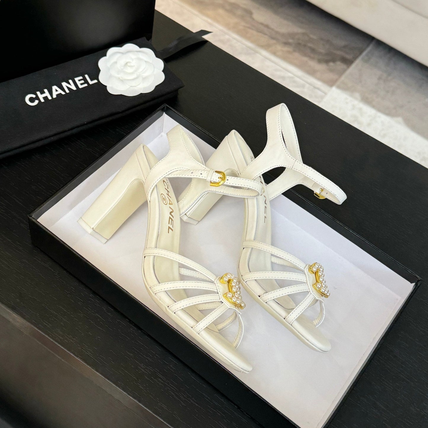CHANEL 85mm Sandal White Sheepskin 212930