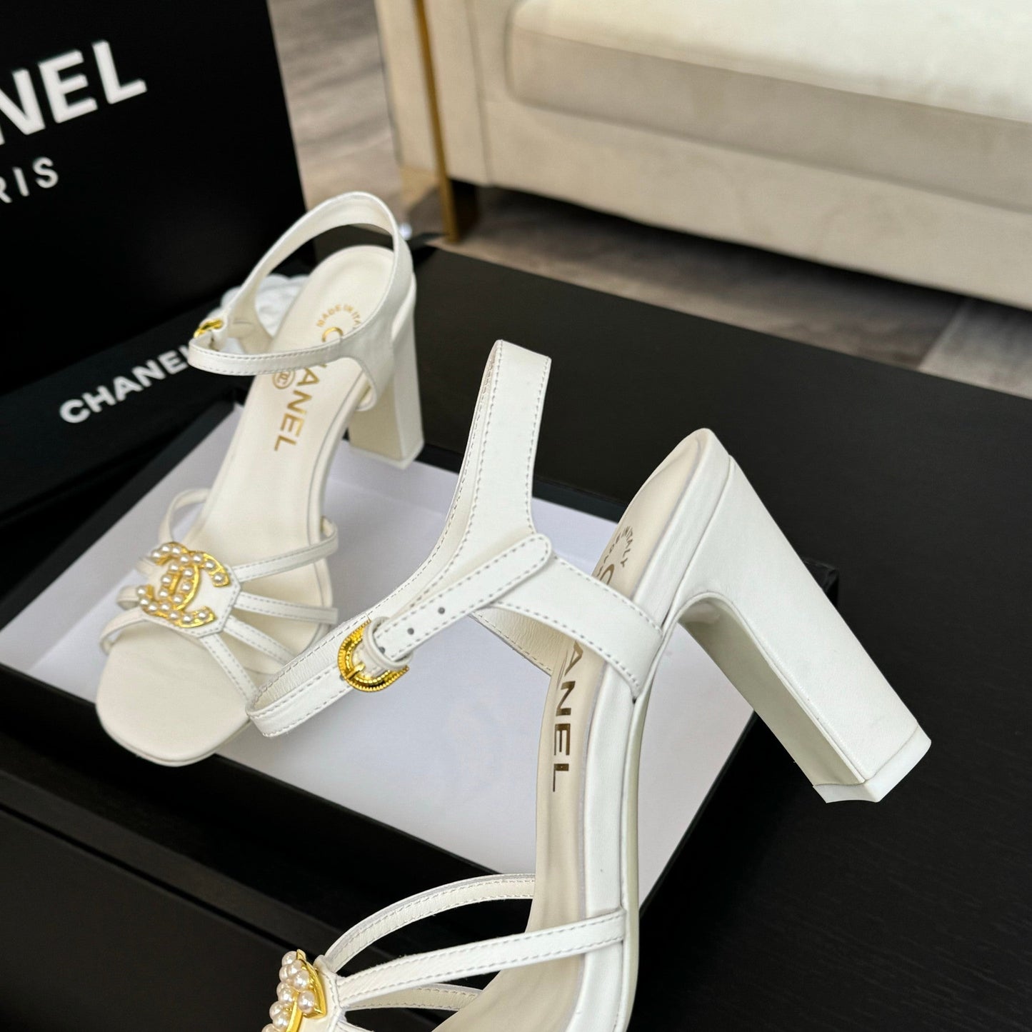 CHANEL 85mm Sandal White Sheepskin 212930