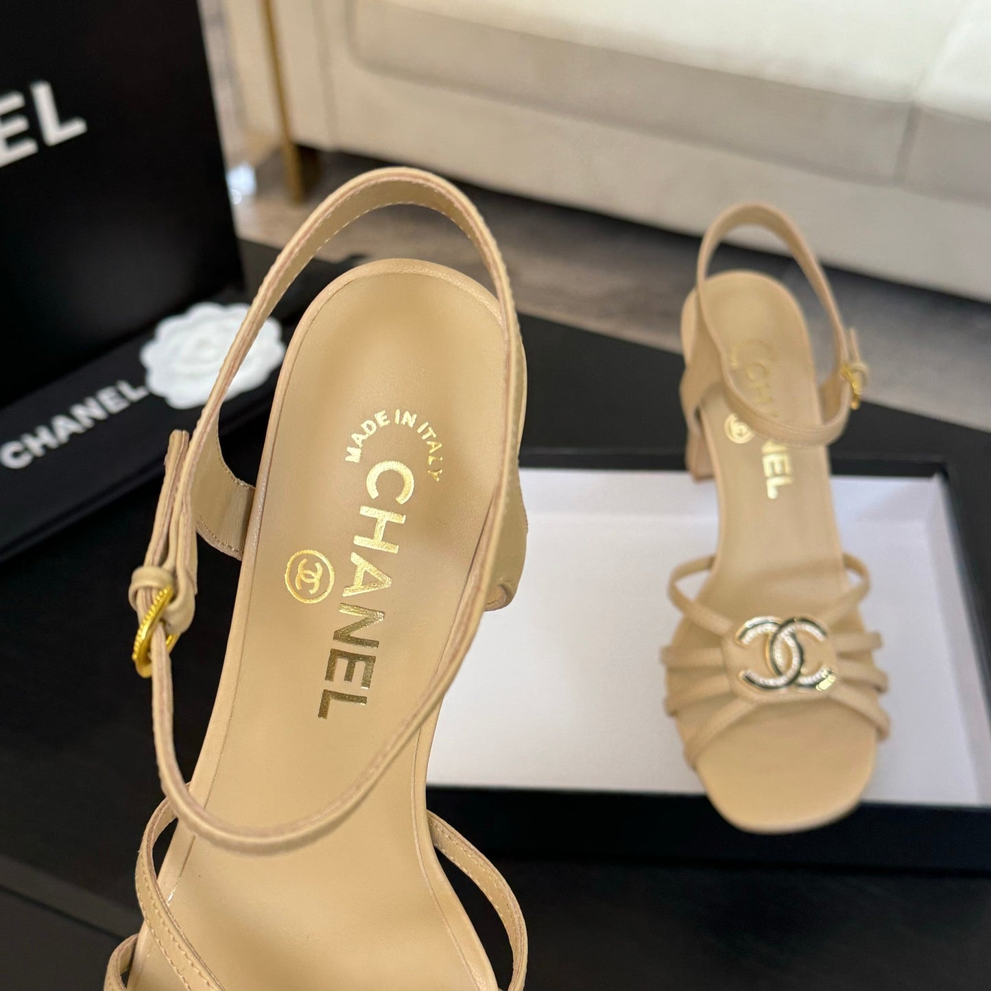 CHANEL 85mm Sandal DarkCream Sheepskin 212931