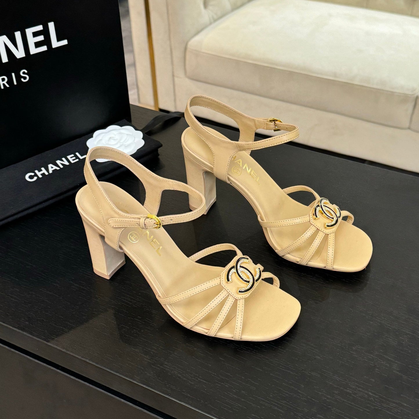 CHANEL 85mm Sandal DarkCream Sheepskin 212931