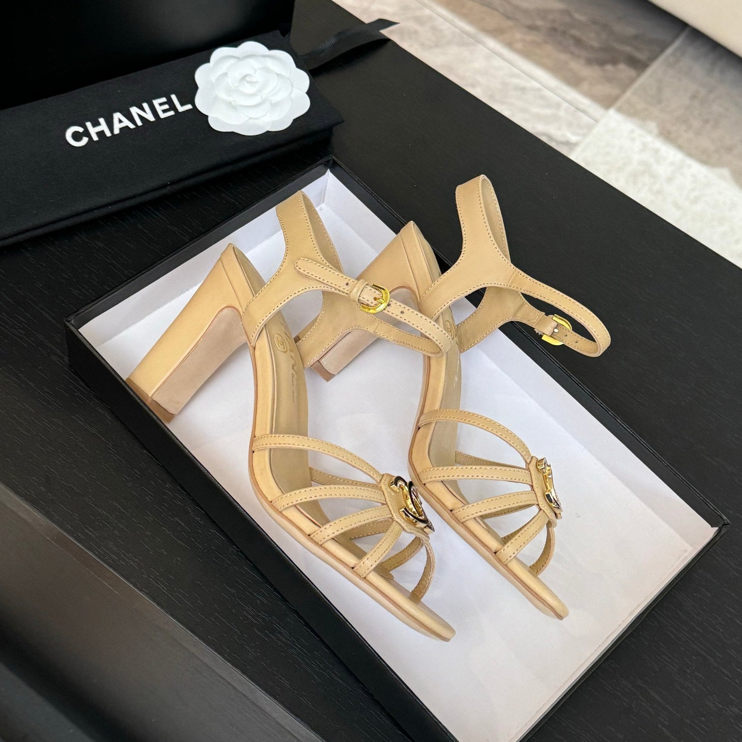 CHANEL 85mm Sandal DarkCream Sheepskin 212931