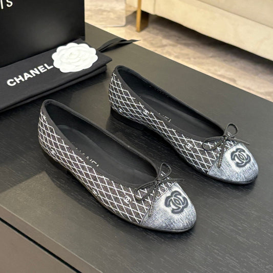 CHANEL 25 Ballet Flat Black Grey Quilted Denim