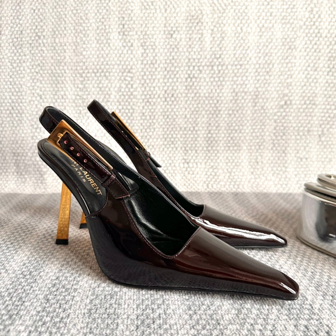 Saint Laurent LEE SLINGBACK PUMPS 105 IN MAROON PATENT LEATHER GOLD HEEL