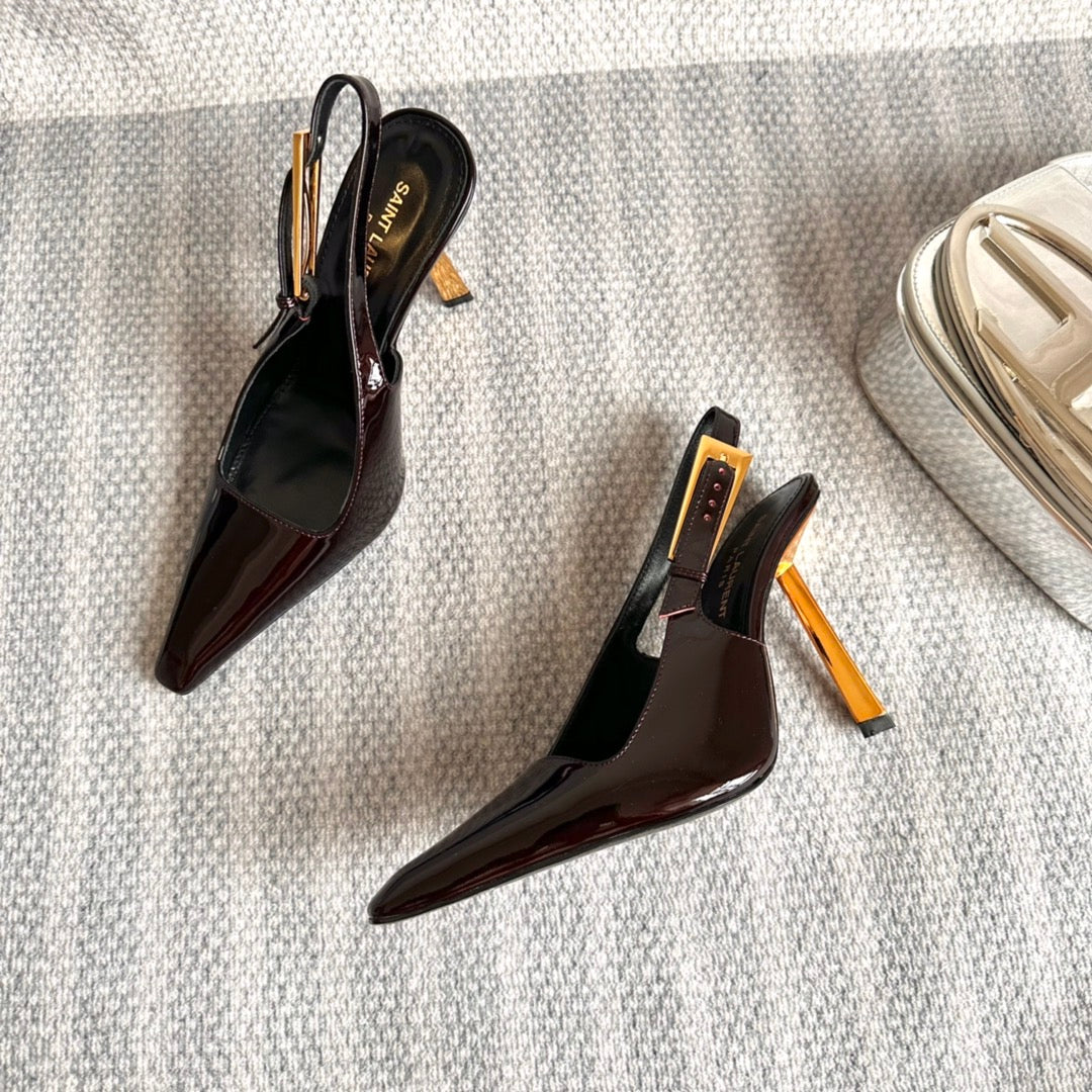 Saint Laurent LEE SLINGBACK PUMPS 105 IN MAROON PATENT LEATHER GOLD HEEL