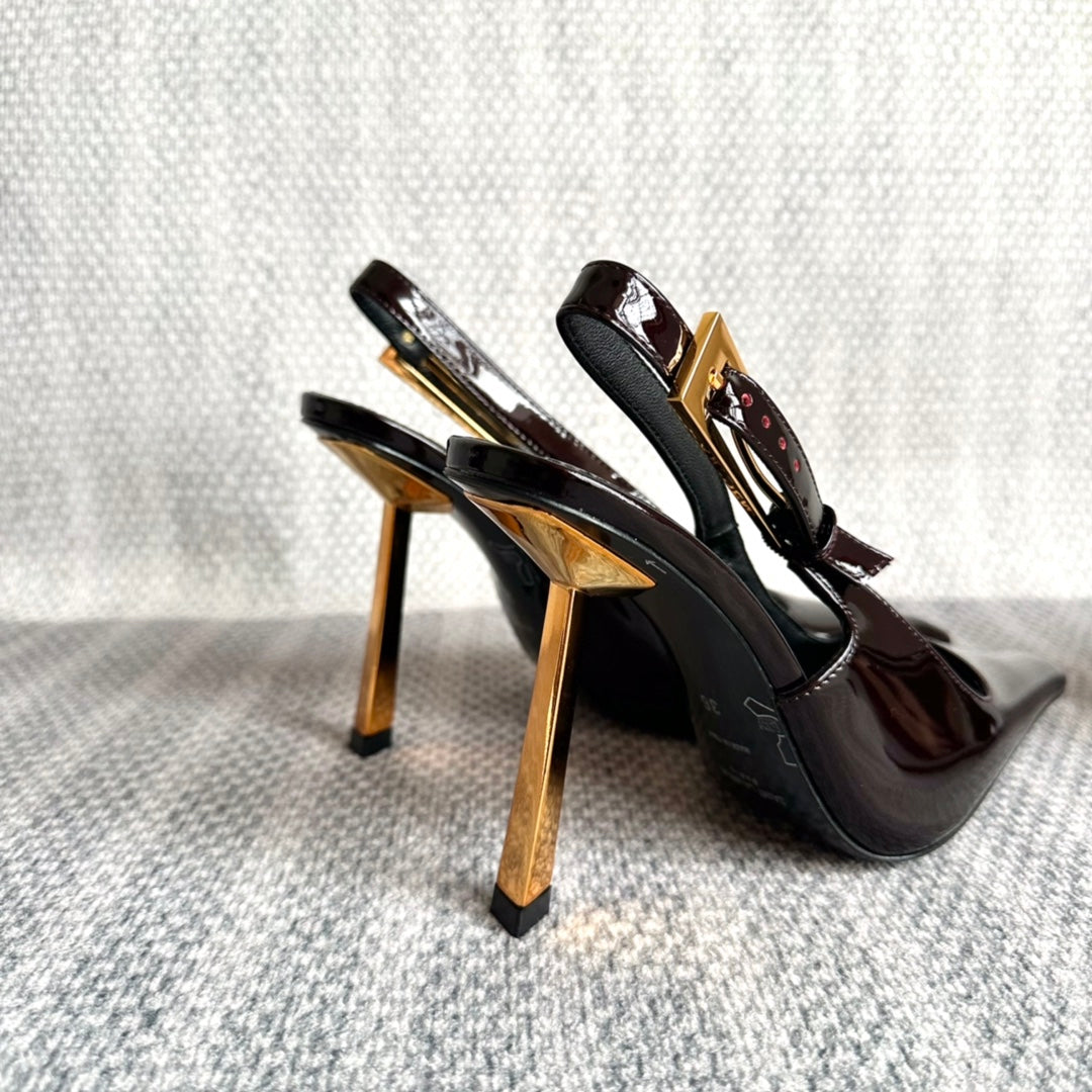 Saint Laurent LEE SLINGBACK PUMPS 105 IN MAROON PATENT LEATHER GOLD HEEL