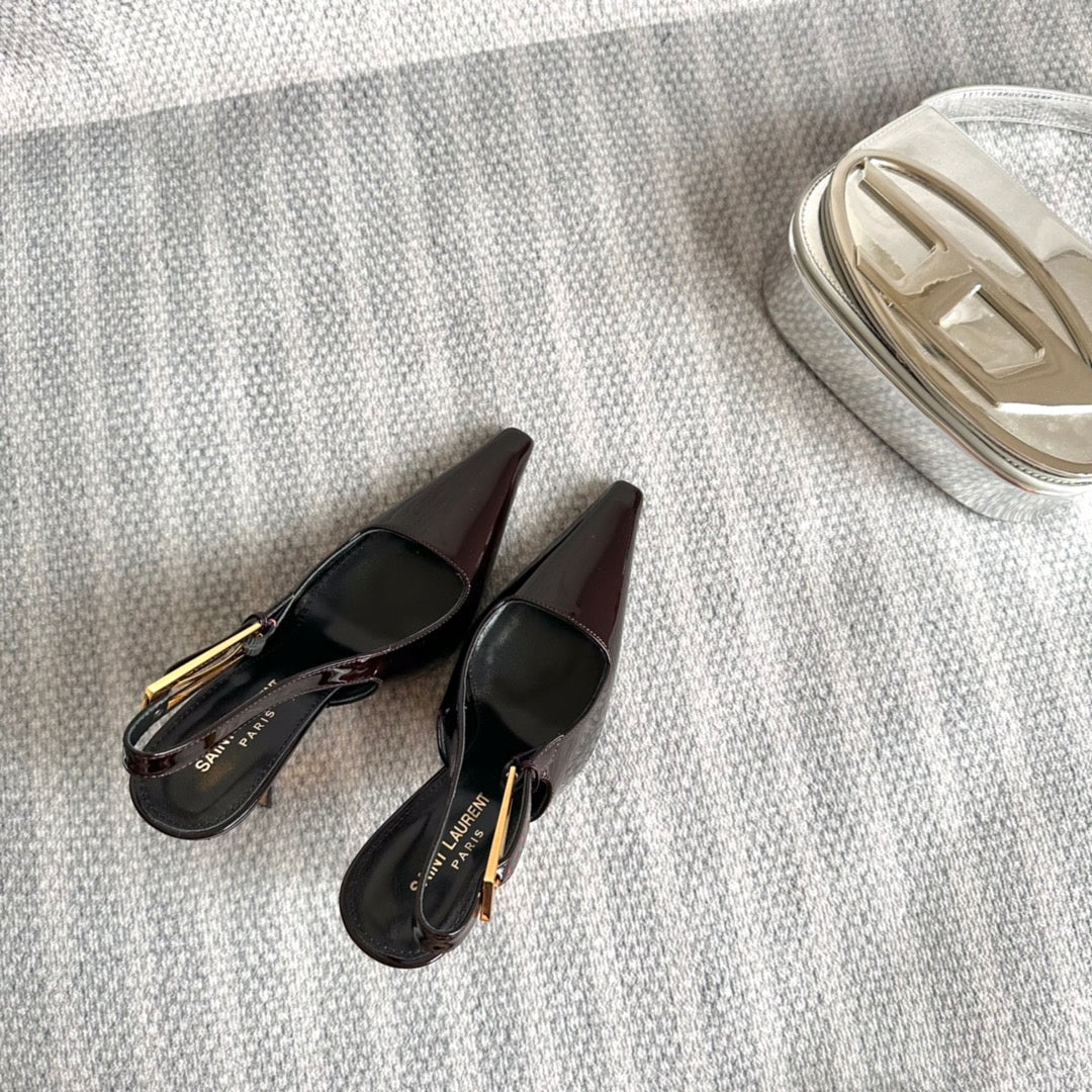 Saint Laurent LEE SLINGBACK PUMPS 105 IN MAROON PATENT LEATHER GOLD HEEL