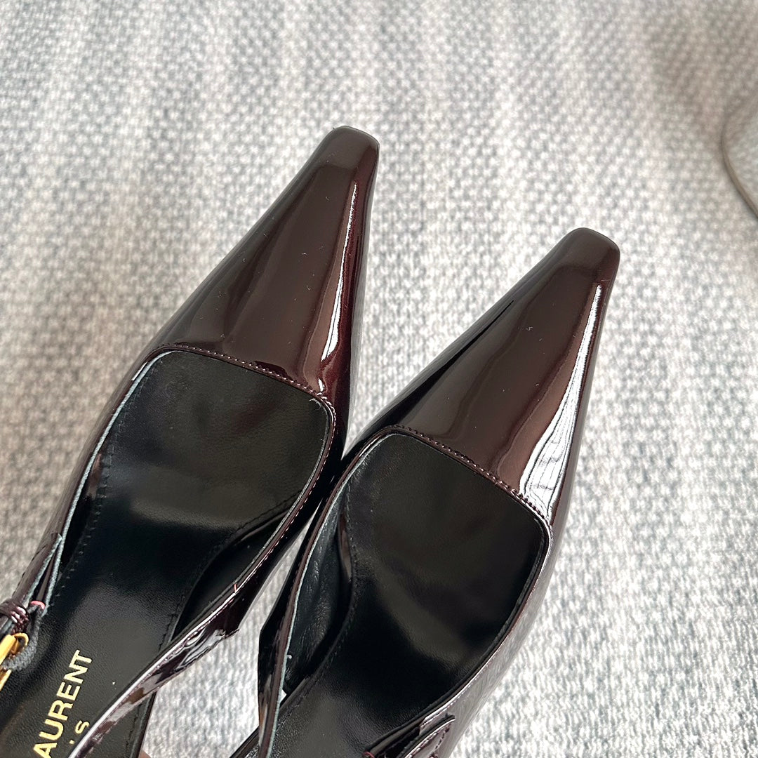 Saint Laurent LEE SLINGBACK PUMPS 105 IN MAROON PATENT LEATHER GOLD HEEL