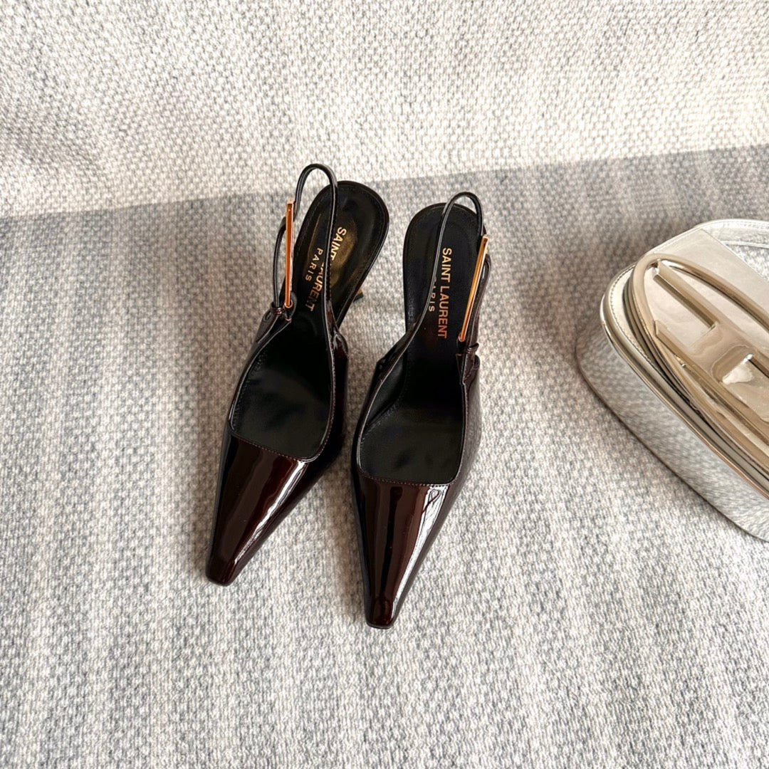 Saint Laurent LEE SLINGBACK PUMPS 105 IN MAROON PATENT LEATHER GOLD HEEL