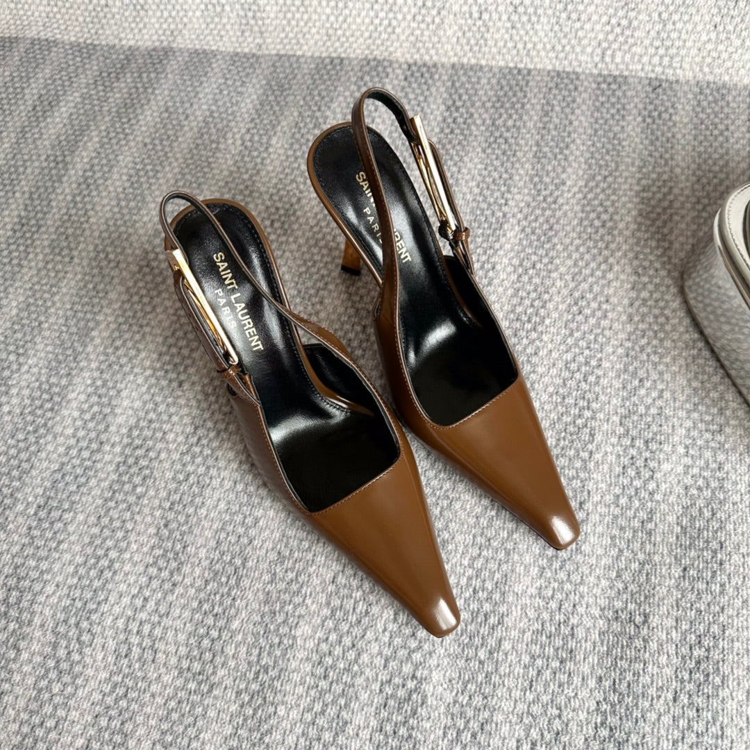 Saint Laurent LEE SLINGBACK PUMPS 105 IN BROWN PATENT LEATHER GOLD HEEL