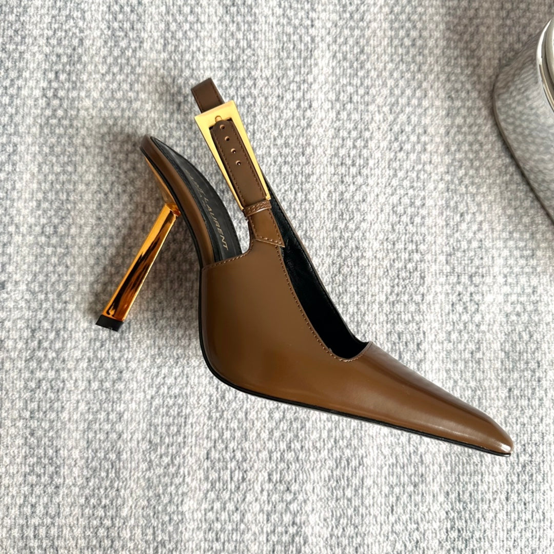 Saint Laurent LEE SLINGBACK PUMPS 105 IN BROWN PATENT LEATHER GOLD HEEL