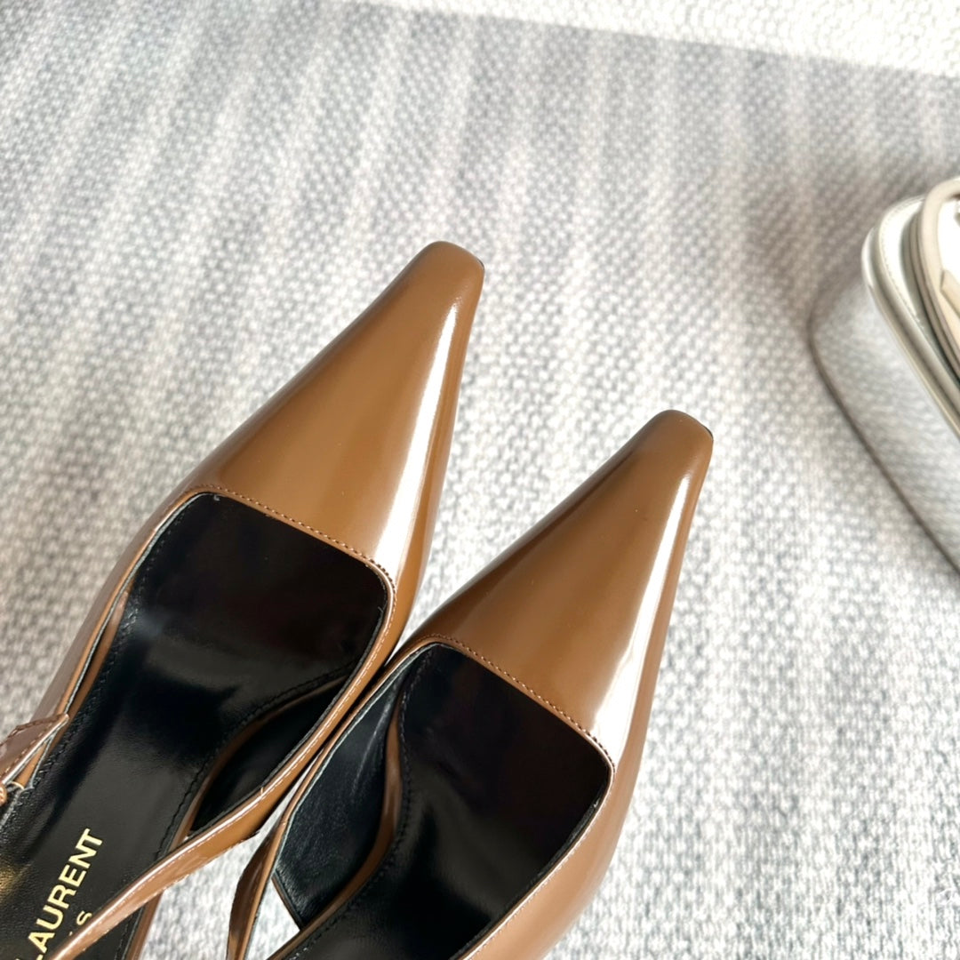 Saint Laurent LEE SLINGBACK PUMPS 105 IN BROWN PATENT LEATHER GOLD HEEL