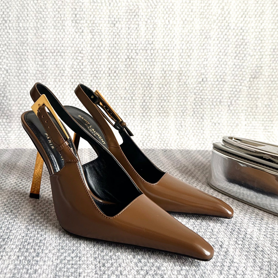 Saint Laurent LEE SLINGBACK PUMPS 105 IN BROWN PATENT LEATHER GOLD HEEL
