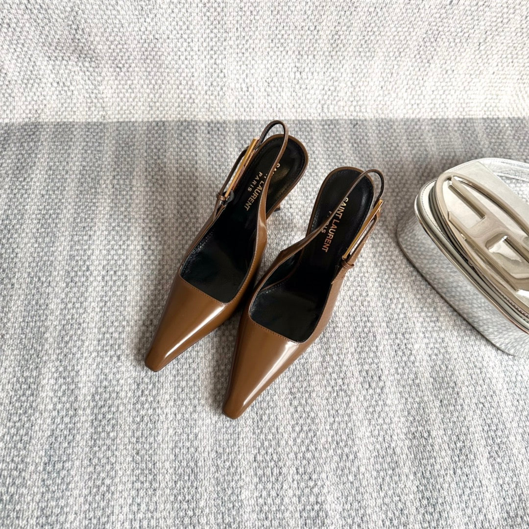Saint Laurent LEE SLINGBACK PUMPS 105 IN BROWN PATENT LEATHER GOLD HEEL