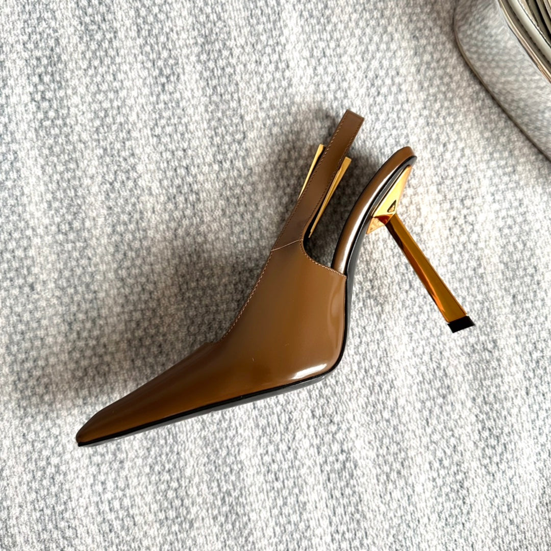 Saint Laurent LEE SLINGBACK PUMPS 105 IN BROWN PATENT LEATHER GOLD HEEL