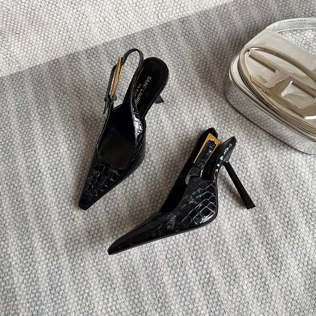 Saint Laurent LEE SLINGBACK PUMPS 105 IN BLACK CROCODILE-EMBOSSED LEATHER