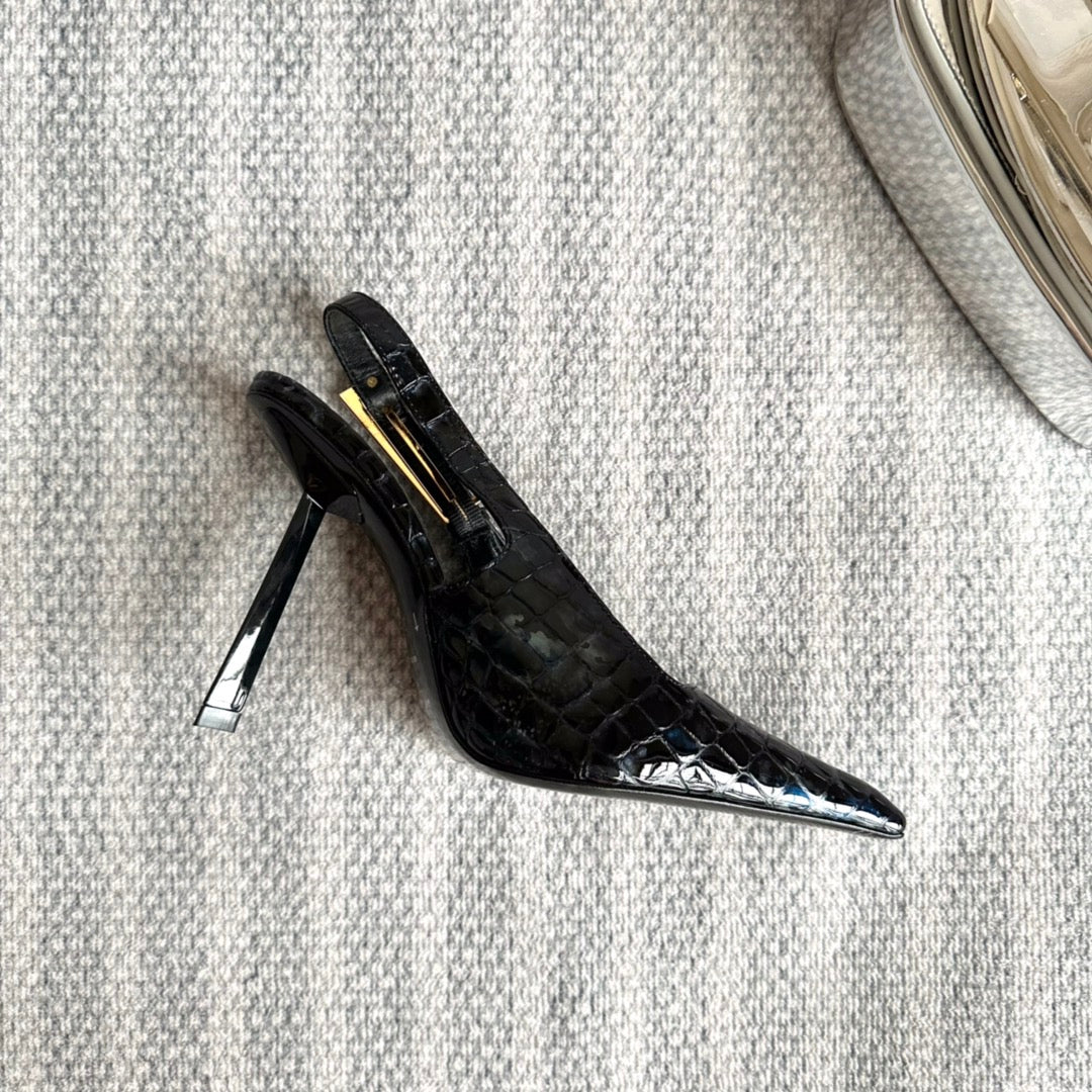 Saint Laurent LEE SLINGBACK PUMPS 105 IN BLACK CROCODILE-EMBOSSED LEATHER