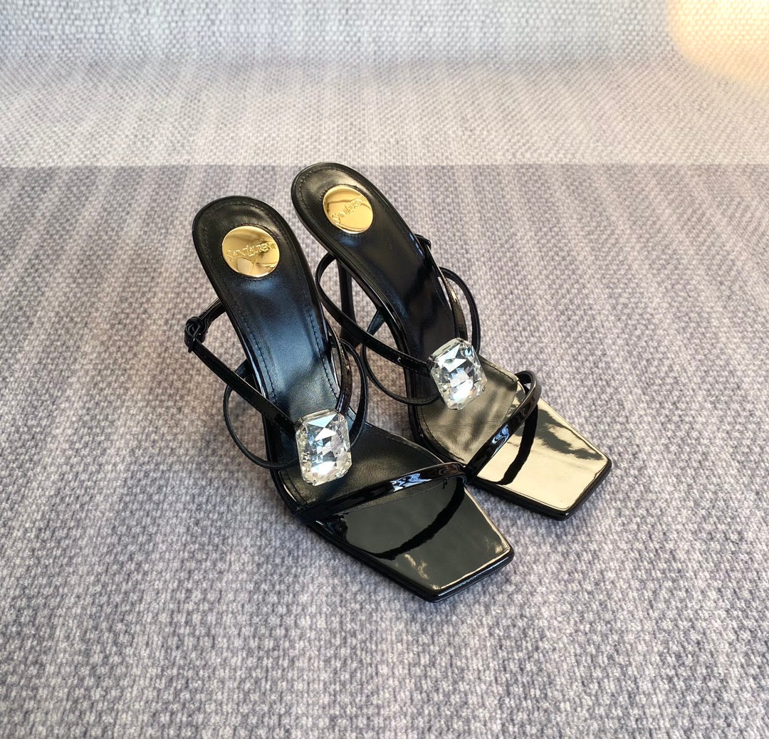 Saint Laurent HIGH MULES WITH GEM IN BLACK GLOSSY CALFSKIN